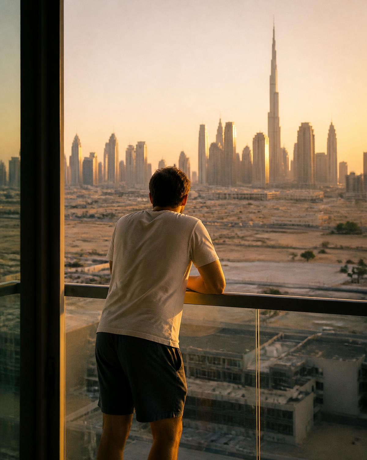 The author on his apartment balcony overlooking a Gulf city at golden hour